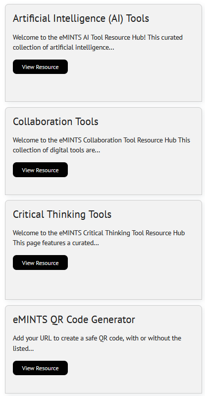 Preview of eMINTS eXpedition resource hubs including Artificial Intelligence Tools, Collaboration Tools, Critical Thinking Tools, and eMINTS QR Code Generator